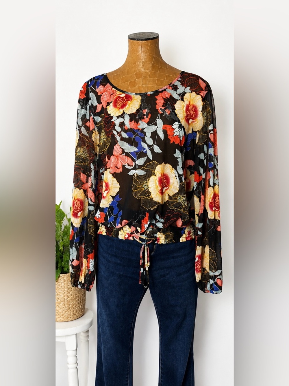 Willow & Root Floral Sheer Peasant Blouse Boho Tie Hem Top XL
